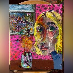 Original mixed media painting on canvas “Sylvia with Flowers” 8x10” signed